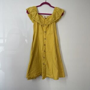 Yellow Off Shoulder Linen‎ Dress Button Front Ruffle Summer Boho Coastal Chic S